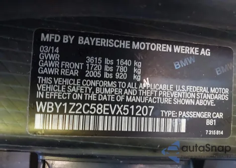 2014 BMW I3 z USA, uszkodzony, nr VIN WBY1Z2C58EVX51207